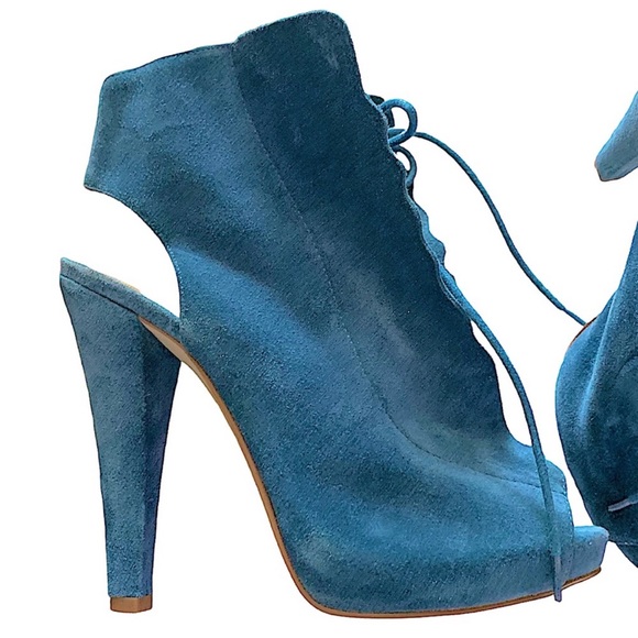 Enzo Angiolini Blue Suede Amarelle Peep Toe Lace Up Platform Heels Size 7 - Picture 7 of 13
